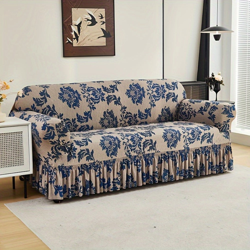 Stretch Sofa Cover Slipcover High-Stretch Fabric Ruffle Skirt Non-Slip Rod All-Season Snug Fit for 1 2 3 4 Seater Couch — Dark Blue with Pillow Cover - product image 8