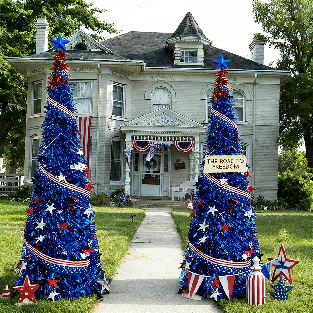 4th of July Decorative Tree 5ft LED Light, Foldable Patriotic Stars & Stripes Blue Christmas Tree with Red White Blue LED String Lights, Independence Day Party Decoration & Summer  - product image