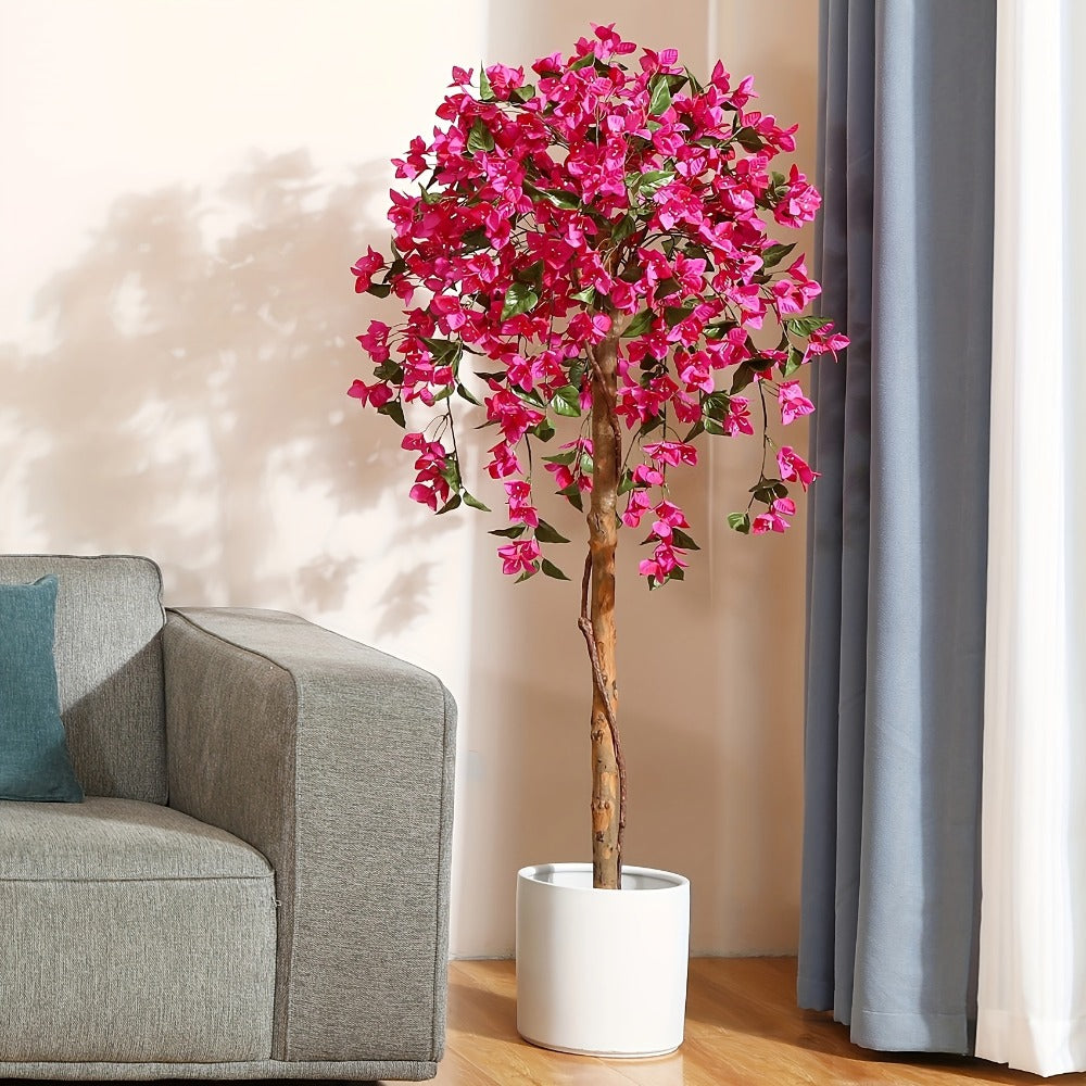 Faux Potted Bougainvillea Tree 5ft Artificial Indoor Plant with Pink Flowers Wood Trunk for Living Room Office Entryway Home Decor Housewarming Gift - product image