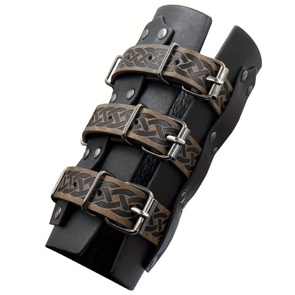 Embossed Renaissance LARP Cosplay Costume Accessory for Halloween, Stage Performance & Photography, Brown & Black, 1pc or 2pcs – Medieval Faux Leather Bracers Viking Arm Guards