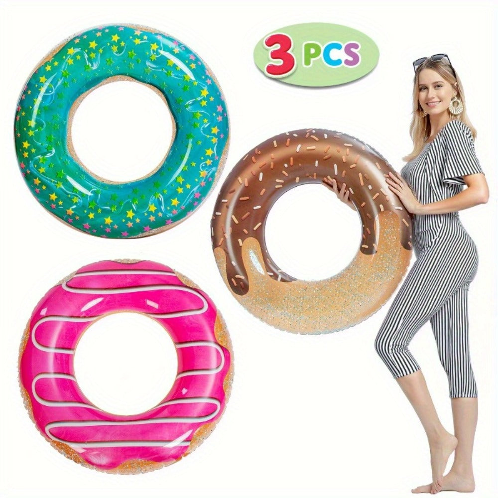 Glitter Donut Pool Float 3 Pack 32.5 Inch Inflatable Swim Ring Set | Strawberry Chocolate Mint Pool Tubes for Summer Pool Party, Birthday Decoration, Kids Teens & Adults