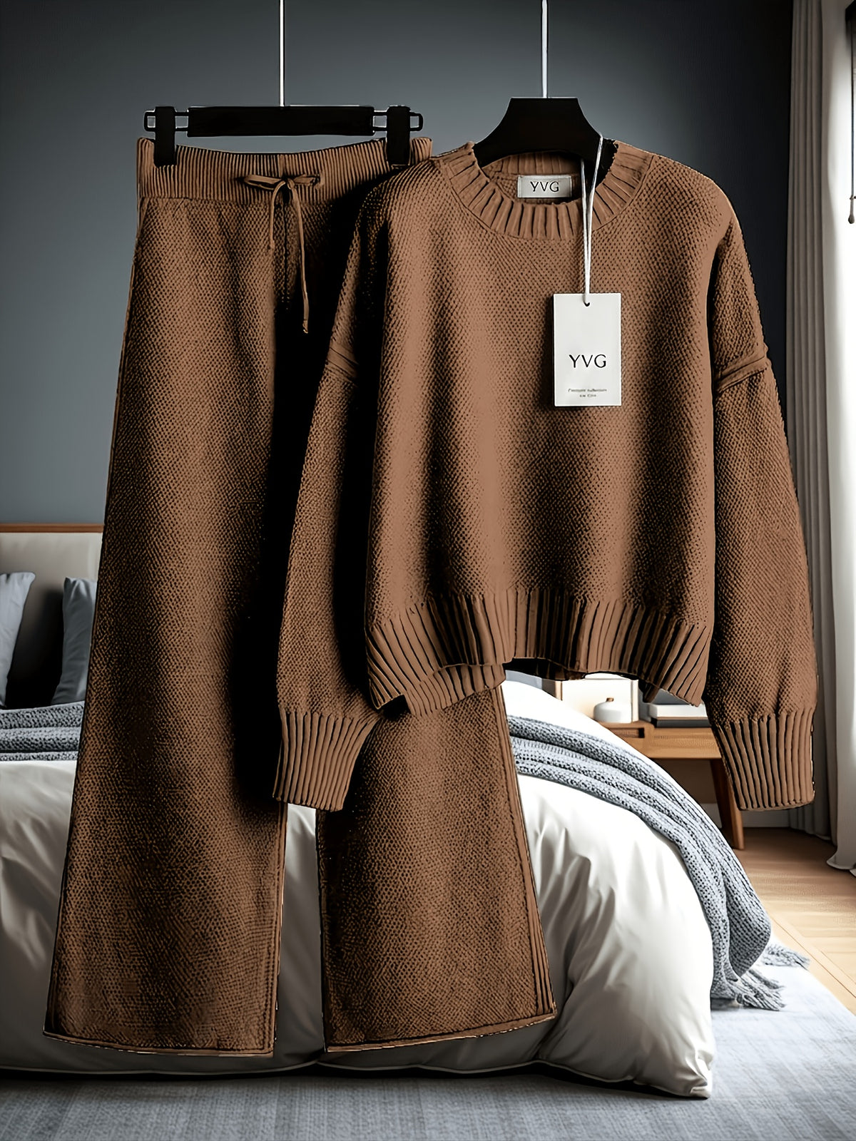 Authentic - Women's Early Autumn Comfortable and Breathable Waffle Texture Two-Piece Set: Round Neck Shoulder- Long Sleeve Hoodie, High-Waist Wide-Leg - product image 28
