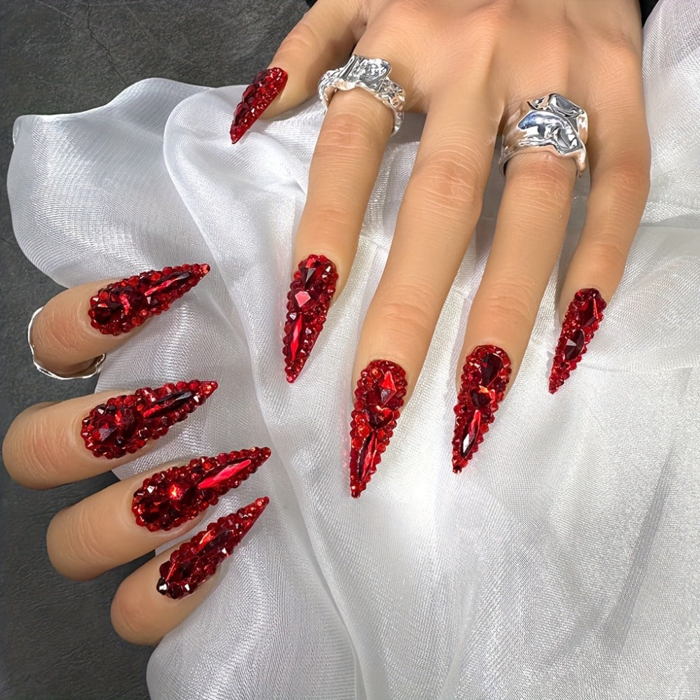 Long Press On Nails Water Drop Shape 10pcs 1.3 Inch Y2K Big Red Glass Glitter Luxury Handmade Reusable Salon Quality Spring Summer Wedding Party Birthday Gift Fake Nails S M L Size - product image 4