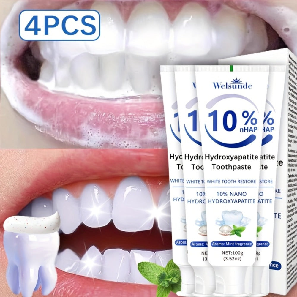Hydroxyapatite Toothpaste 4-Pack – 10% Nano Formula with Baking Soda, Deep Cleaning & Whitening Gel, Mint Fresh Breath, Fluoride-Free Daily Oral Care for Everyone, Home & Travel Sl - product image