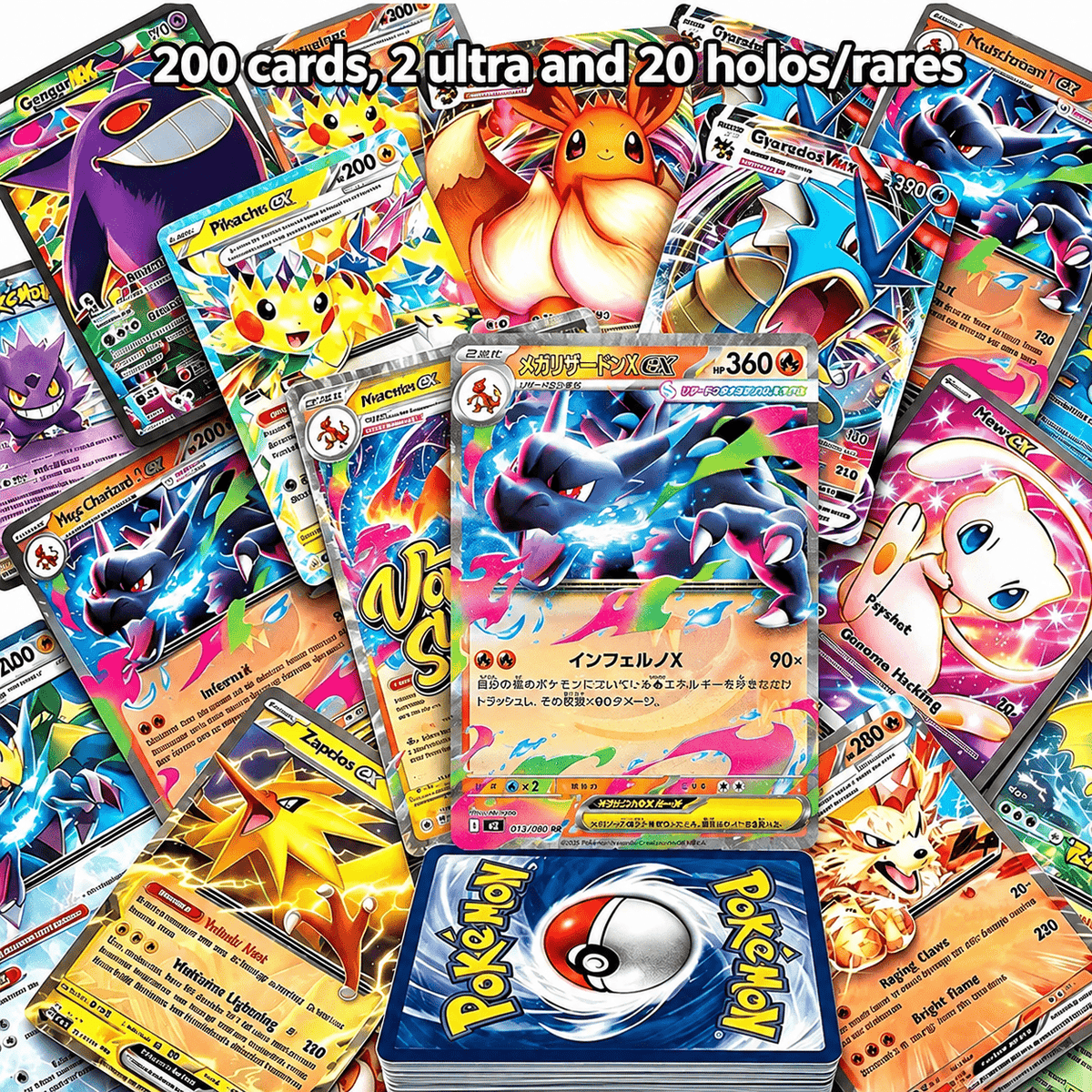 Card Bundle 100 or 200 PCS | Confirmed Ultra Rare Pull + 10X Holo & Reverse Holo Cards | Authentic TCG Lot Gift Set for Kids Fans & Collectors
