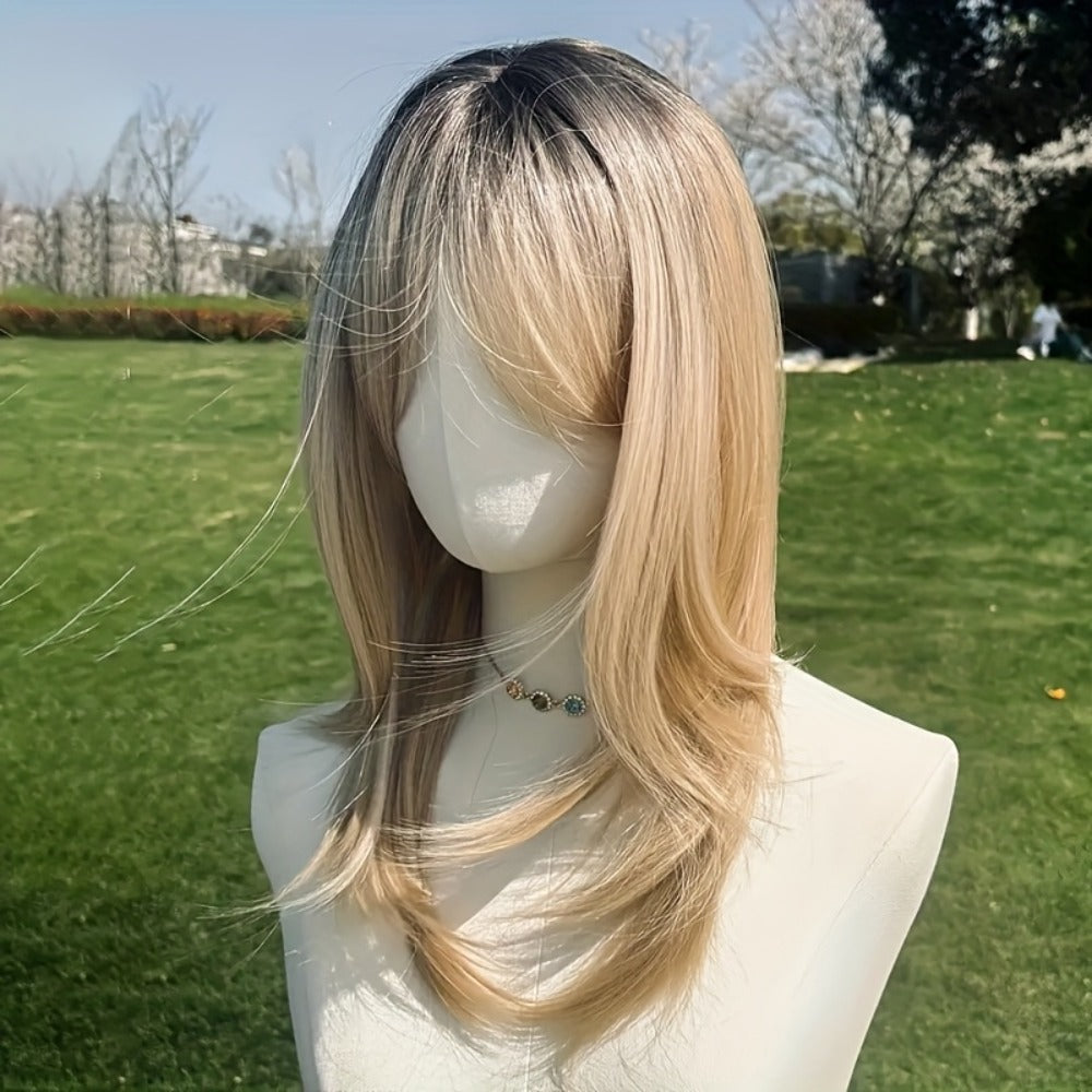 Platinum Blonde Ombre Synthetic Wig Layered Straight 20 Inch Long | Lightweight Chemical Fiber, Hairnet Included | Women Daily Wear Party Cosplay Festival Halloween - product image 7