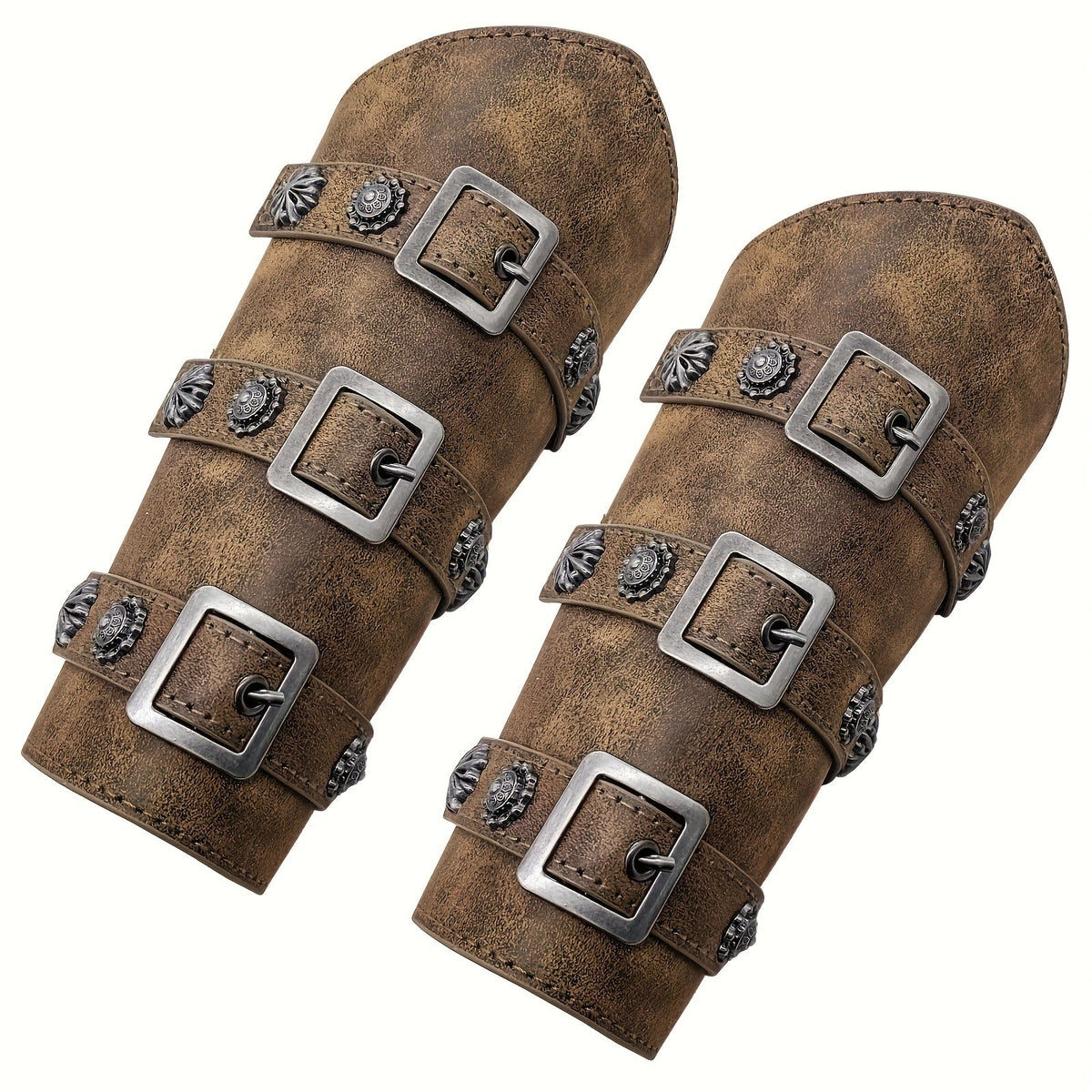 PU Leather Knight Gauntlets Adjustable Metal Buckles Rivets for Men Women Halloween Cosplay LARP Renaissance Fair Stage Costume Dark Brown Khaki Black | Viking Medieval Leather Arm Guards Bracers