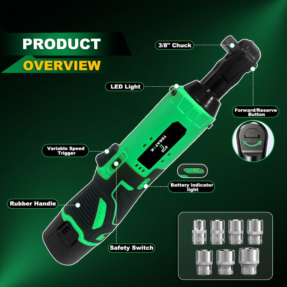 12V Cordless Ratchet Wrench Set 3/8" Drive | 40 Ft-lbs Torque, Variable Speed Trigger, Lithium-Ion Battery, 7 Sockets Included - product image 7