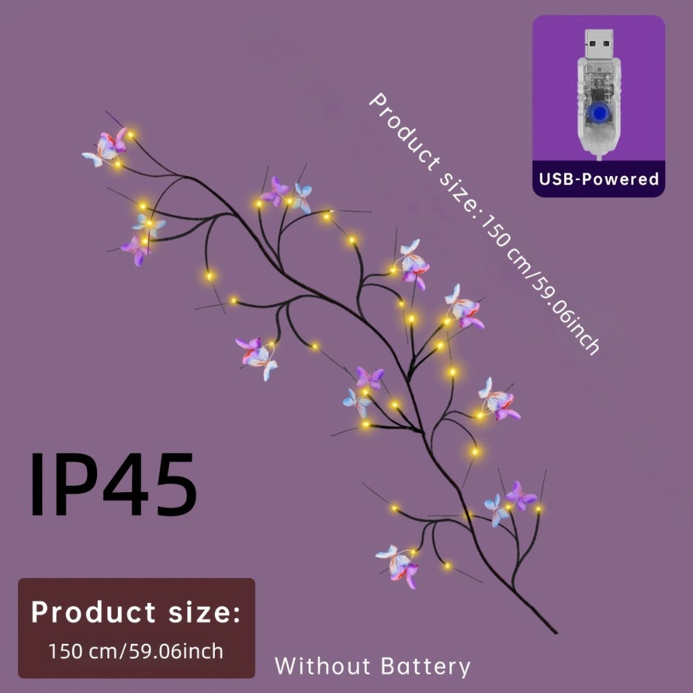 Butterfly Branch String Lights – 30 LED Vine Fairy Lights with Artificial Purple-Blue Butterflies, 8 Lighting Modes, USB Powered Warm White, Boho Wall Decor for Bedroom Wedding Bir - product image 6
