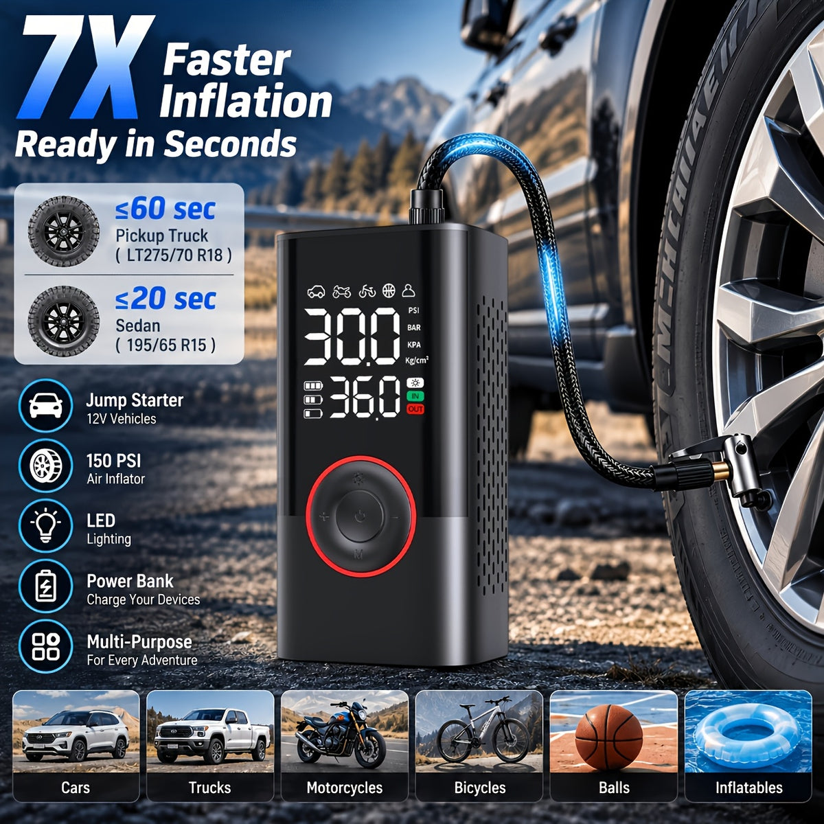 Portable Tire Inflator Air Compressor, Cordless Electric Bike Pump, Portable Tire Inflator with LCD Pressure Gauge and LED Light, Ideal for Cars, Bicycles - product image 7