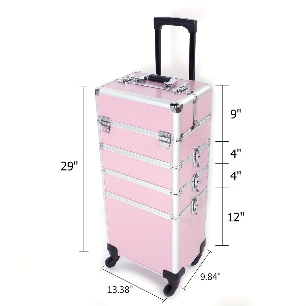 Rolling Makeup Case Aluminum 4-in-1 Extra Large Professional Cosmetic Trolley with 360° Swivel Wheels for Makeup Artist Tattoo Artist Salon Travel Black Pink Silver - product image 8