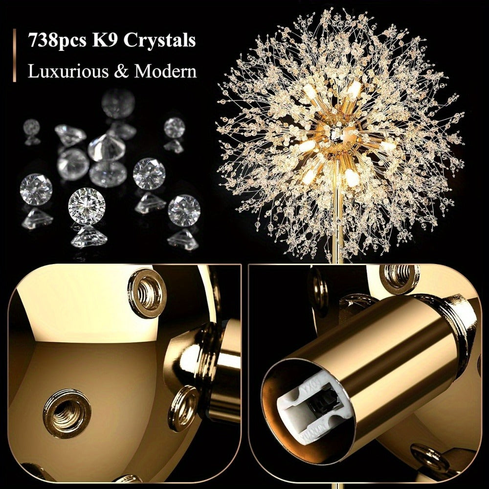Crystal Floor Lamp Living Room 69 Inch Modern Standing Lamp – 738pcs K9 Crystals, 9 LED Bulbs, Antique Brass & Gold Finish, Tall Pole Light for Bedroom, Office & Mid Century Glam D - product image 4