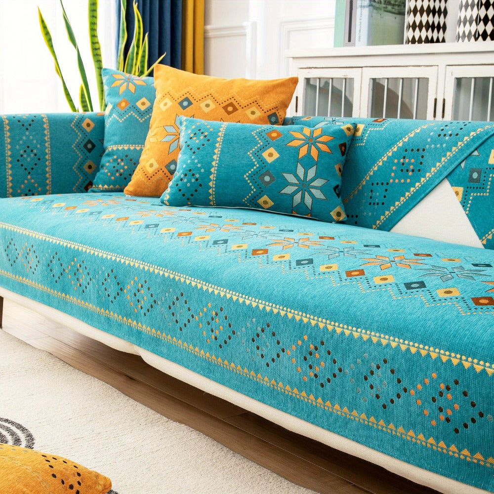 Bohemian Chenille Sofa Cover | Geometric Print Non-Slip Couch Slipcover, Thick Plush Boho Style, 1 to 4 Seat, Armrest & Backrest, Machine Washable, Sectional Sofa Protector - product image 43