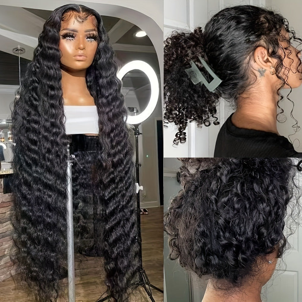 Curly Synthetic Lace Front Wig 13x4 Deep Part Loose Wavy Heat Resistant Glueless Pre Plucked 24 & 32 Inch Natural Black Highlight for Women Halloween Party Daily Wear - product image