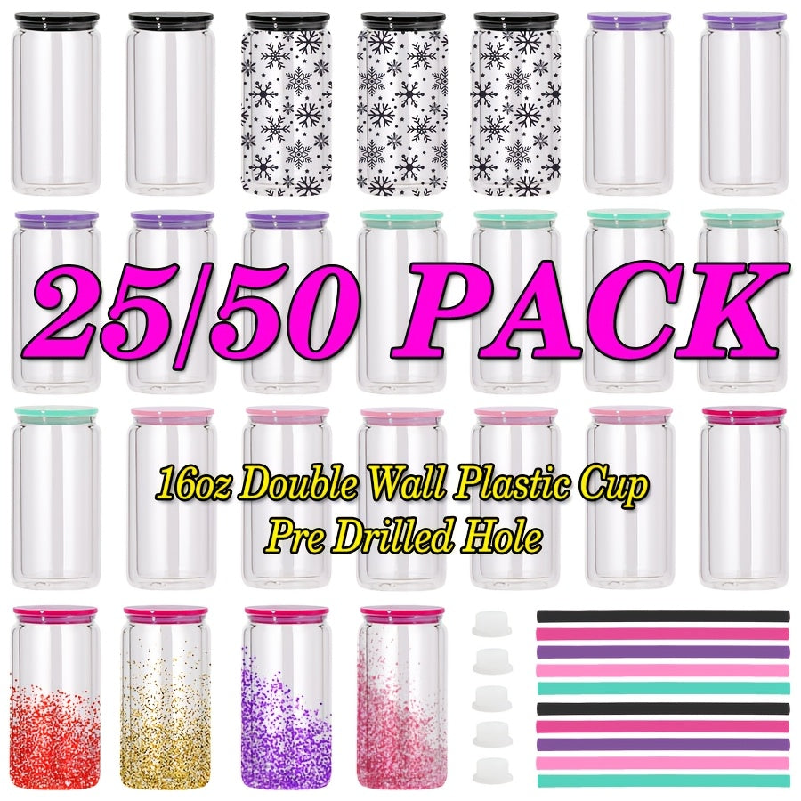 Clear Plastic Snow Globe Tumblers 16oz Double Wall Bulk Set 25 or 50 Cups Pre-Drilled Hole Colored Lid Straw for Iced Coffee Boba Soda Party DIY Customization - product image