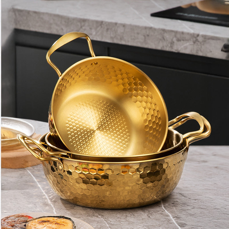 3-Piece Golden Stainless Steel Ramen Pot Set with Lids – Textured Surface Pots for Home Camping Outdoor Parties Picnics – Non-Stick Dishwasher Safe Cookware for Noodles Soups Curries