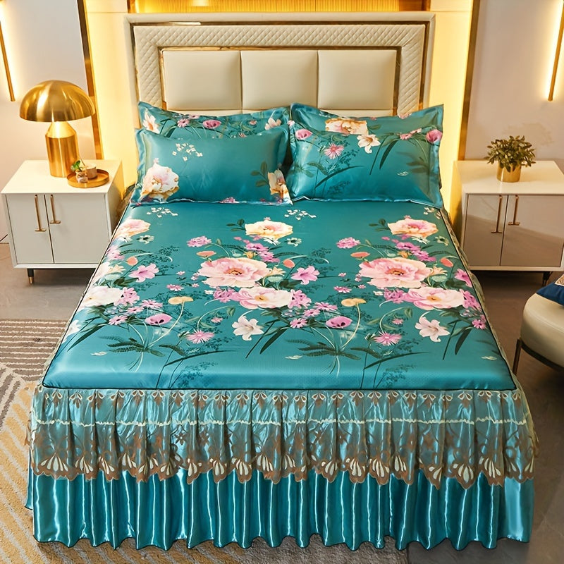 Floral Ruffle Bed Skirt Cool Mat 3 Piece Set with Pillowcase, Double Layer 360° Full Wrap Washable Cooling Mattress Cover, Breathable Summer Bedding Set for Twin Full Queen King, P - product image 47
