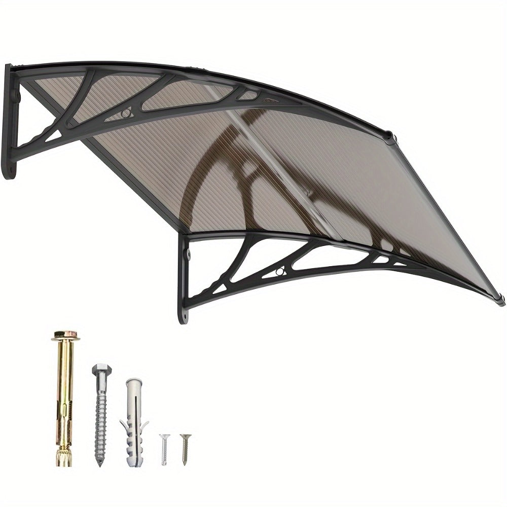 Polycarbonate Window Awning Door Canopy - UV Rain Snow Sun Protection Overhang for Doorways, Patio & Windows, Multiple Sizes, Black/Gray Bracket with Blue/Clear/Brown Board - product image