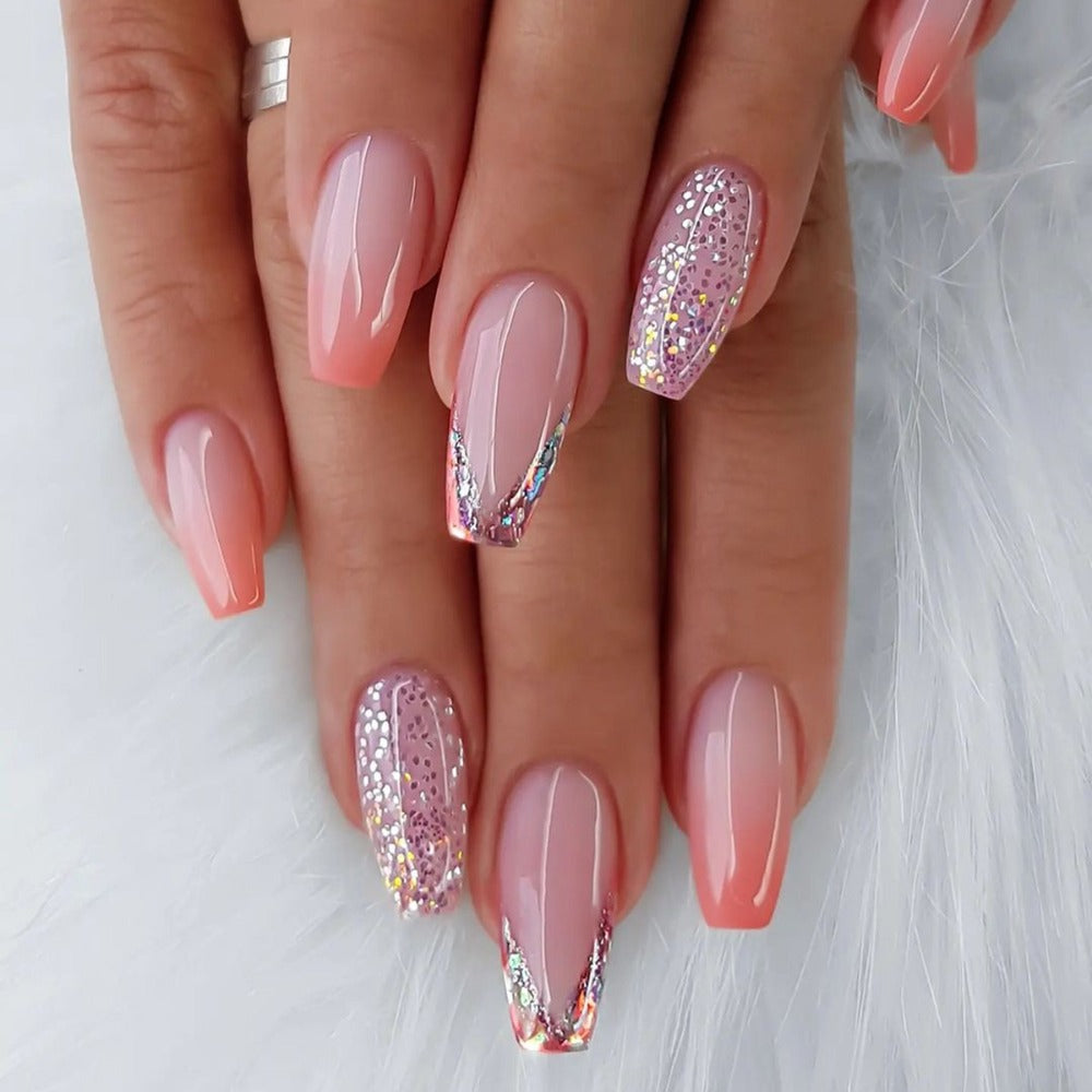Glitter Sequin Press On Nails 120pcs Coffin Medium Length 5 Packs – Sparkling Pinkish Purple Glossy Full Cover False Nails | Glamorous Nail Art Kit for Women | Party Wedding Bridal - product image 6