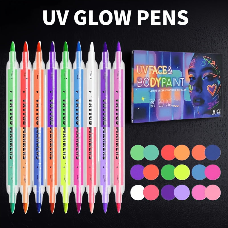 Face Body Paint Pens 18 Colors with Reusable Stencils – Washable Neon Glow in the Dark Skin-Safe Makeup Pens for Kids & Adults Parties Events Magic Shows Halloween Festivals Body A - product image 18