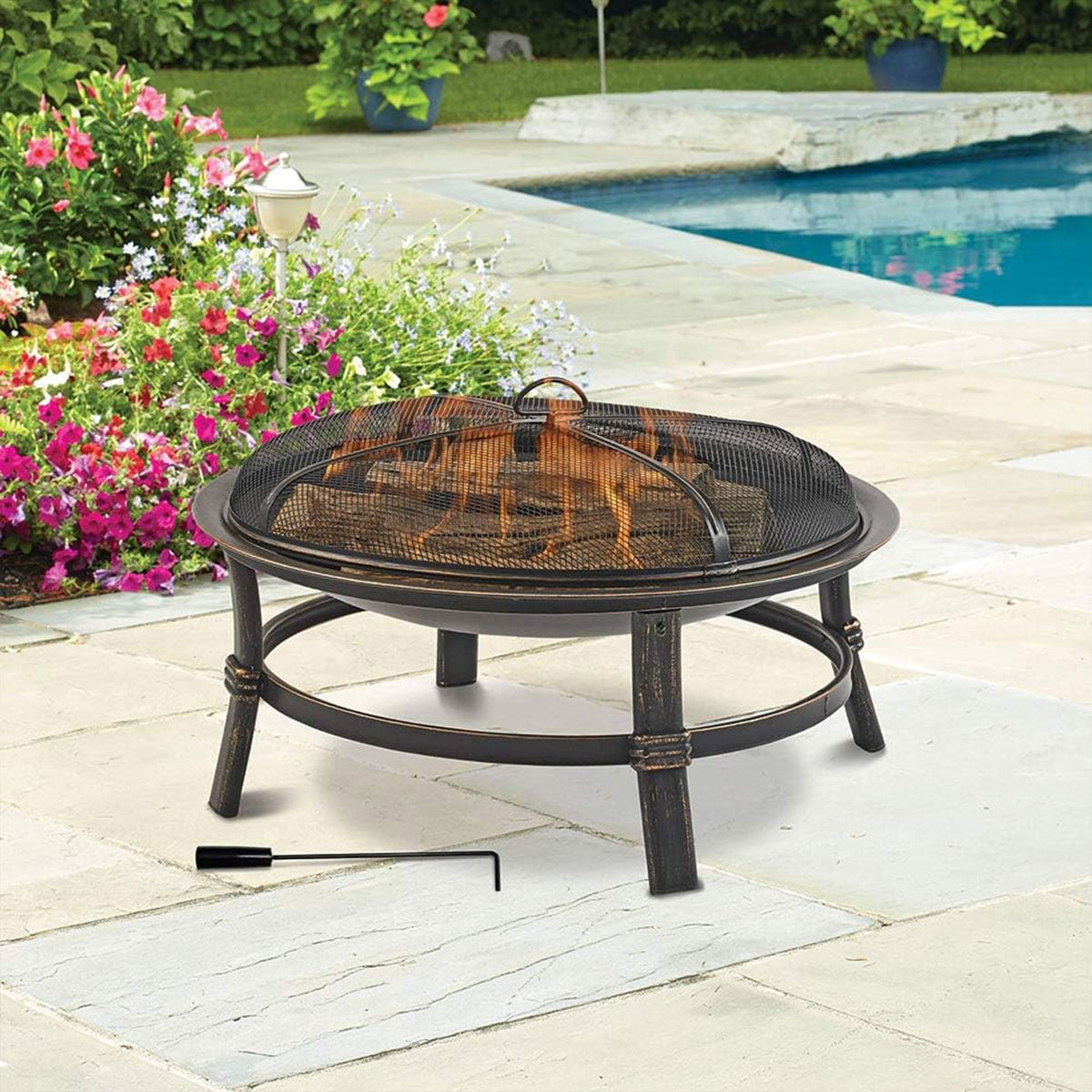 Wood Burning Fire Pit Bowl 29 Inch Outdoor Steel Fireplace with Spark Screen & Poker for Patio Backyard Deck Bonfire, Black - product image 6