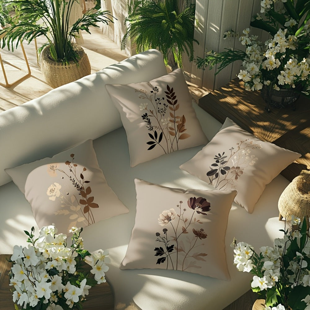 Throw Pillow Covers 18x18 Set of 4 - Floral Botanical Square Cushion Cases Beige Brown Gray | Zipper Closure Machine Washable Decorative Pillows for Living Room Bedroom Sofa Couch  - product image 5