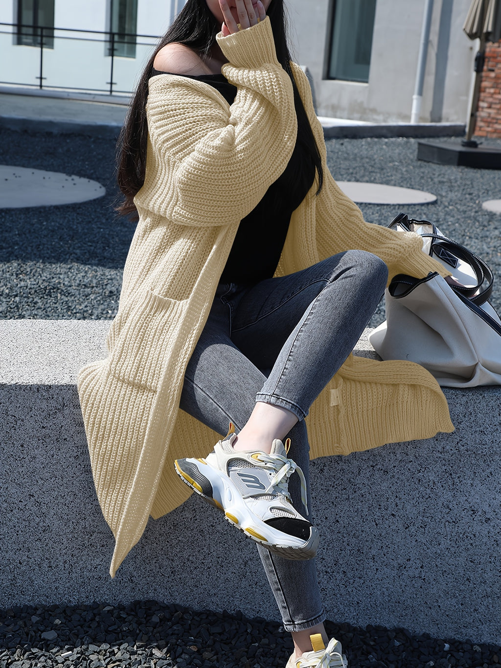 Plus Size, Solid Color Plus-Size Women's Long Pocket Cardigan Loose Over-the-Knee Sweater Coat Fashion Versatile Outerwear - product image 27
