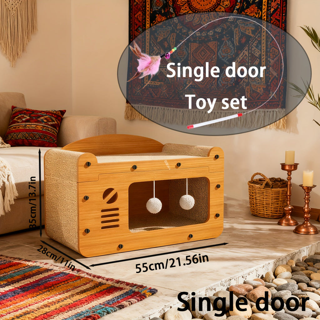 Indoor Outdoor Cat Hideout for Scratching, Hiding & Resting, Ventilated Cat House with Plush Ball Toys, Multiple Sizes – Cat Scratcher House Cardboard Cat Bed - product image