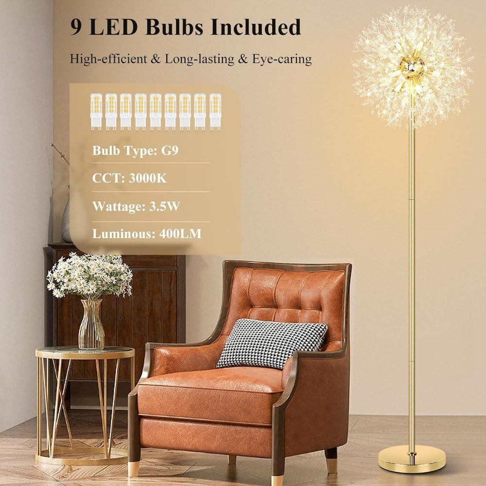 Crystal Floor Lamp Living Room 69 Inch Modern Standing Lamp – 738pcs K9 Crystals, 9 LED Bulbs, Antique Brass & Gold Finish, Tall Pole Light for Bedroom, Office & Mid Century Glam D - product image 5