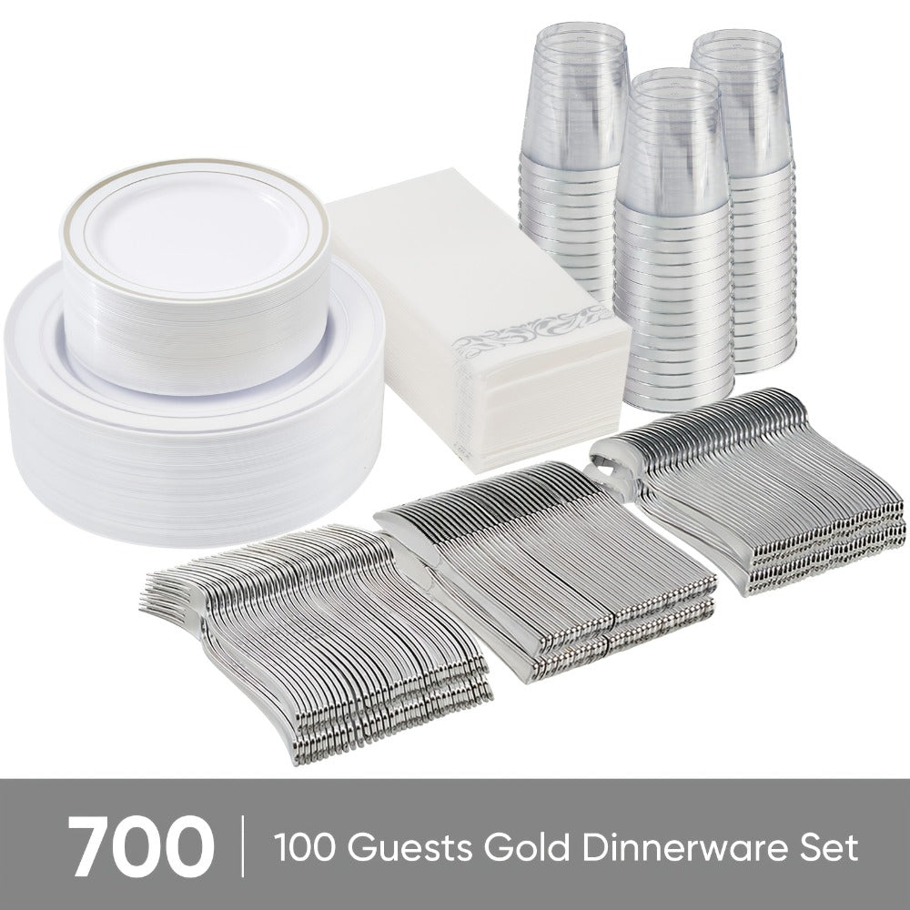 Disposable Party Dinnerware Set 350 700 Pieces Gold Silver Plastic Plates Salad Plates Cutlery Cups Napkins for 50 100 Guests Wedding Birthday Graduation Party - product image 8