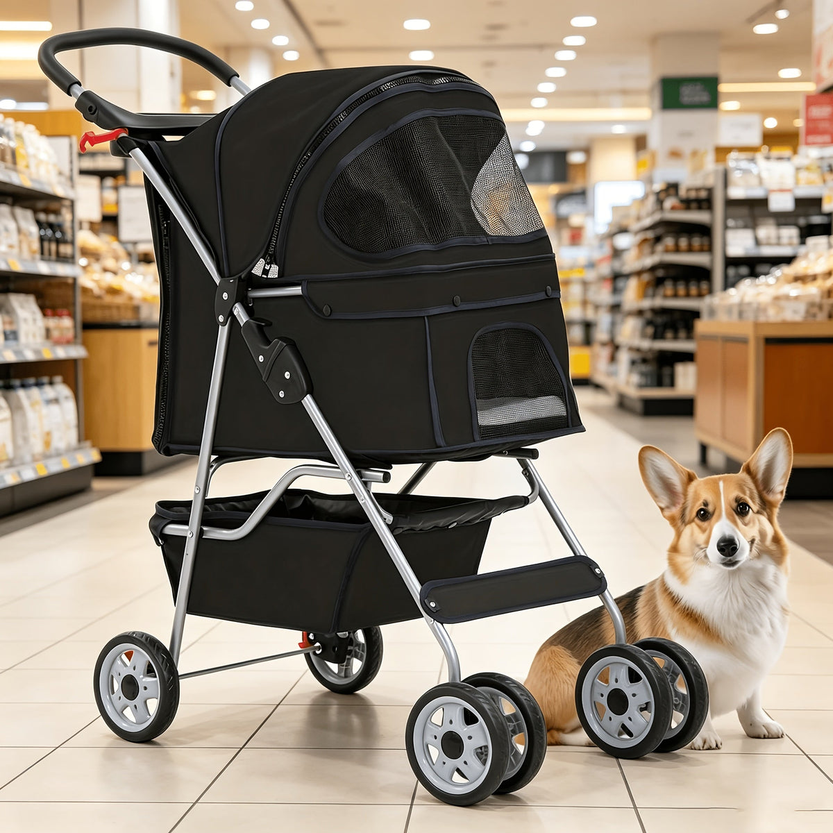 4-Wheel Pet Stroller with Cup Holder & Storage Basket – Carry-along Breathable Cat Dog Stroller, Smooth-Rolling Outdoor Pram for Small Medium Pets, Collapsible - product image