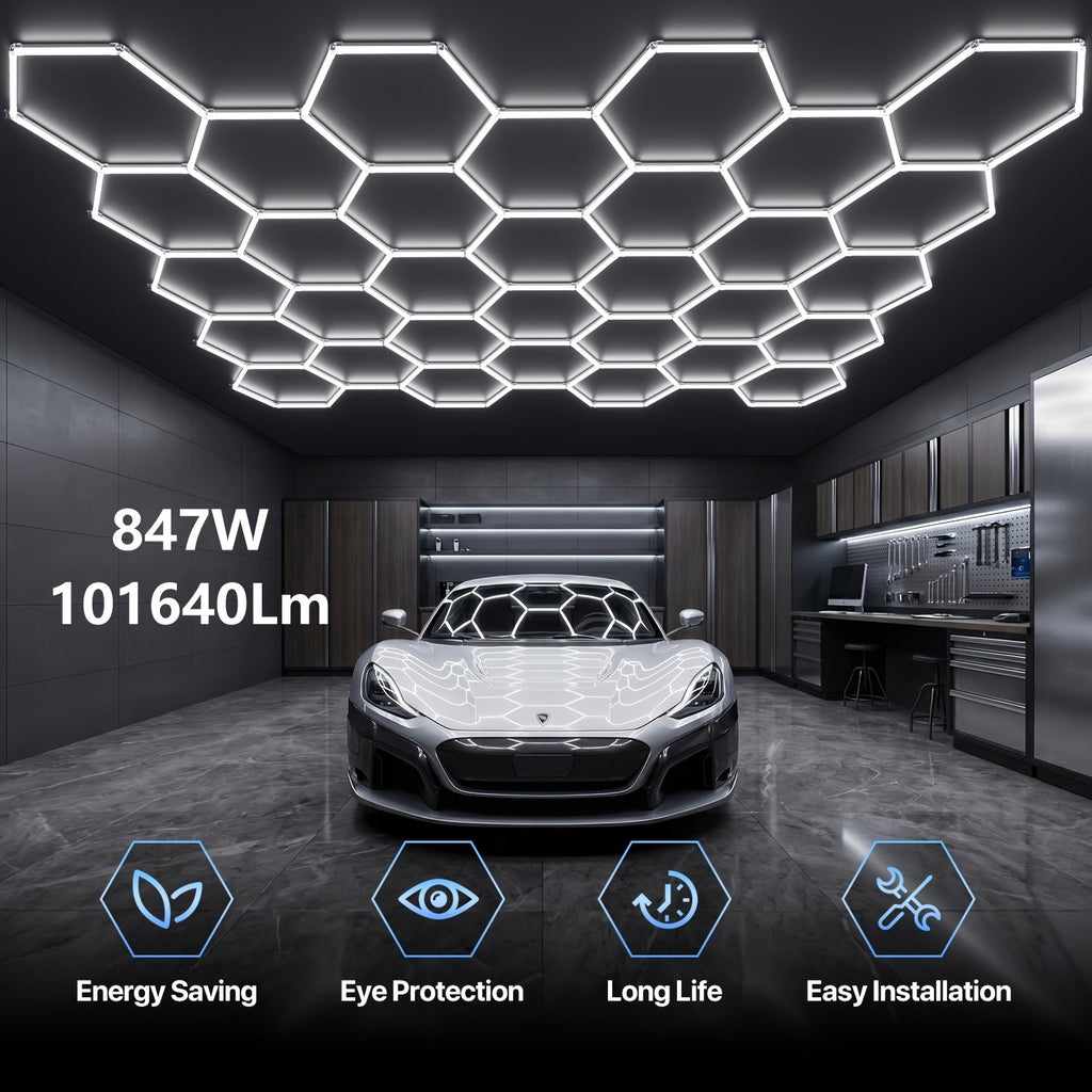 LED Hexagonal Garage Light 6500K – Super Bright Daylight White Shop Light 42W–620W for Auto Detailing, Warehouse, Workshop, Basement & Gym (1 to 32 Grids, Hex Frame Available) - product image 28