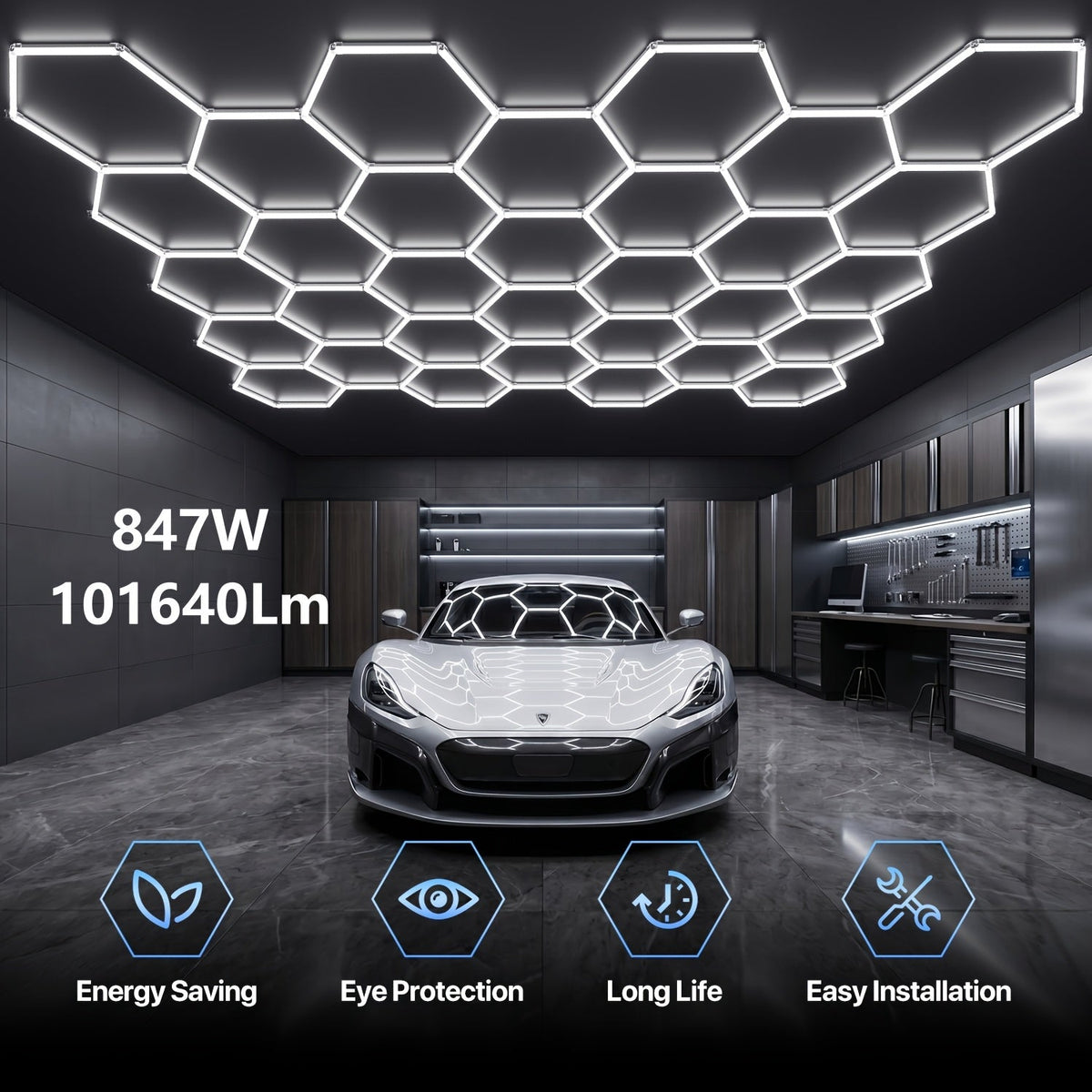 LED Hexagonal Garage Light 6500K – Super Bright Daylight White Shop Light 42W–620W for Auto Detailing, Warehouse, Workshop, Basement & Gym (1 to 32 Grids, Hex Frame Available) - product image 28