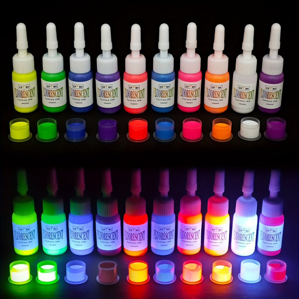 UV Tattoo Ink Set 10 Colors Fluorescent Neon Glow Blacklight Reactive Light-Reactive Long-Lasting Ink Bottles for Tattoo Artists Body Art Festival & Rave Events - product image 2