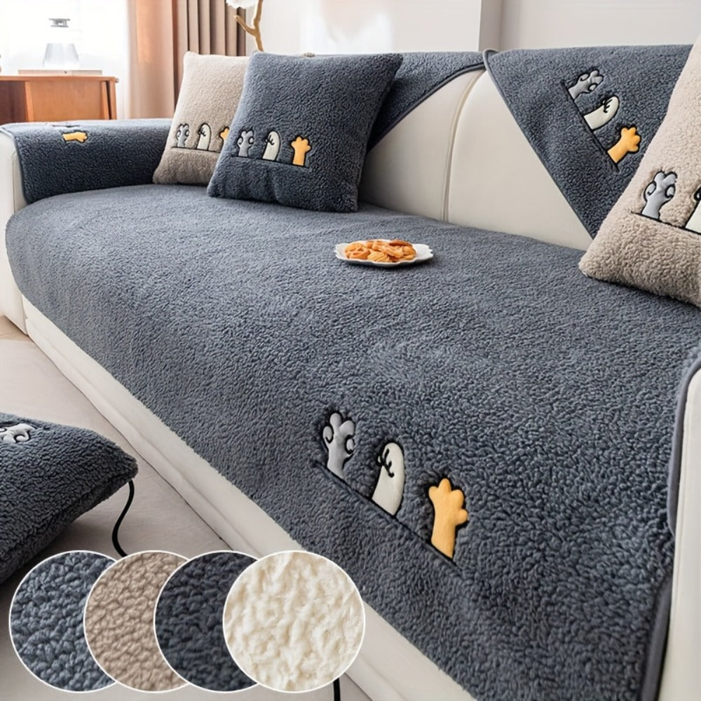 Plush Shearling Sofa Cover Non-Slip Pet-Friendly Couch Protector Animal Bone Embroidery Soft Warm for Living Room Bedroom Office 2 3 4 Seater - product image