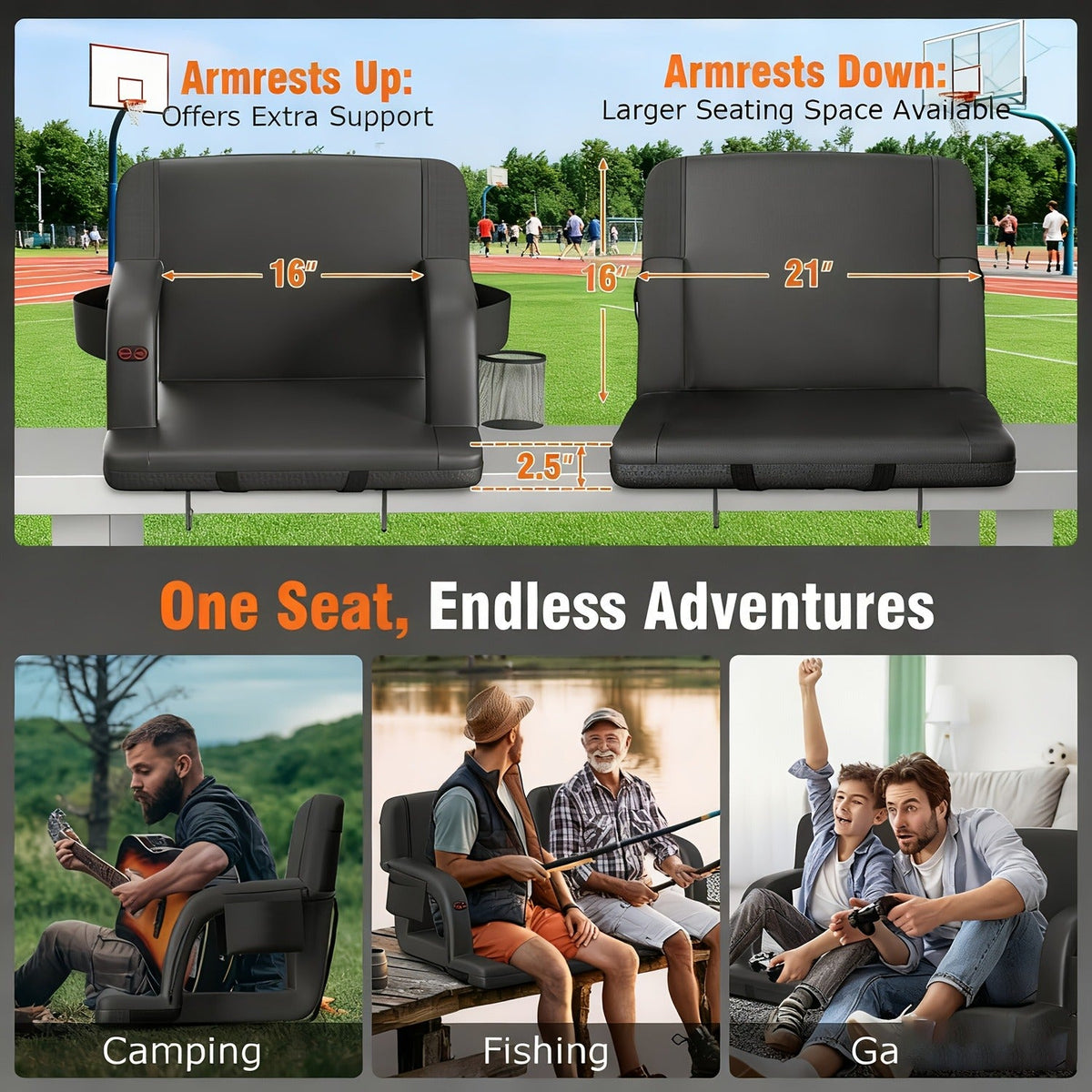 Heated Stadium Seat with Back Support for Bleachers 6 Reclining Positions 3 Heat Levels Dual-Zone USB Heated Bleacher Chair with 5 Storage Pockets Adjustable - product image 13