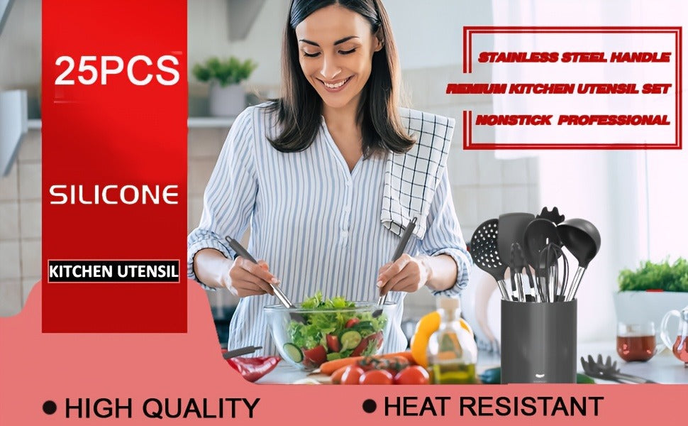 Silicone Kitchen Utensils Set 25pcs Nonstick Cooking Utensils with Stainless Steel Handle Food-Grade Silicone Spatulas Spoons Tongs Complete Kitchen Tool Set - product image 11