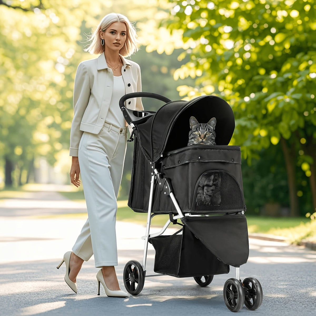 Foldable Jogger Stroller with Weather Cover, Storage Basket & Cup Holder, Breathable Mesh Window, All-Season Outdoor Walk Pram, Black | 3-Wheel Pet Stroller - product image