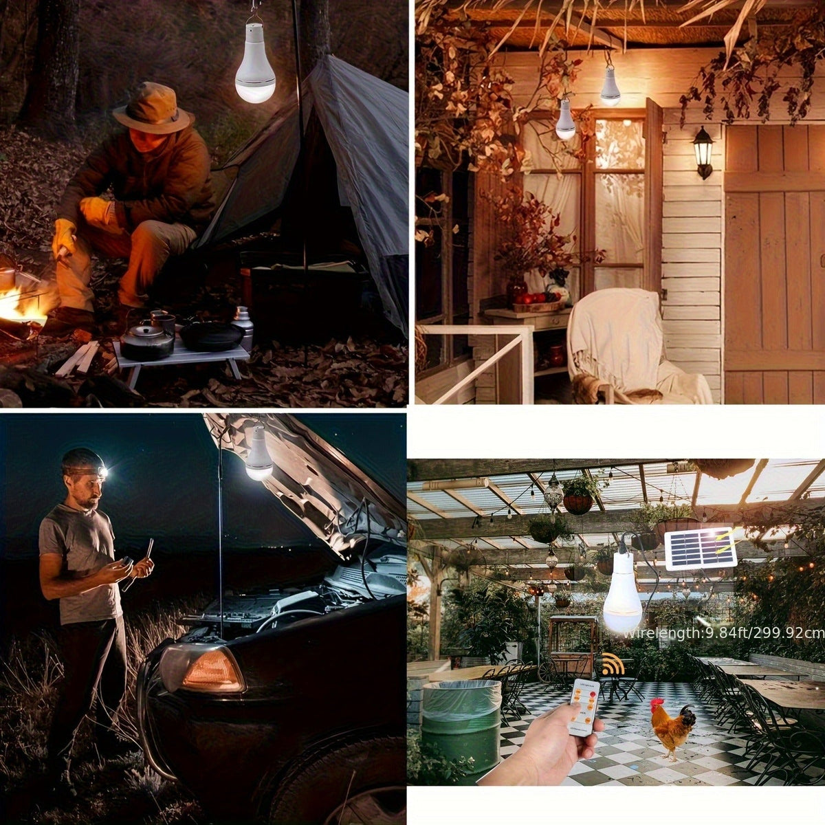 Solar Light Bulbs 2 Pack Campsite Outdoor | Shed, Chicken Coop, Emergency & Camping Light | Remote Control Timer, 4 Modes 300LM, Light Sensor Auto On/Off, Solar & USB Rechargeable
