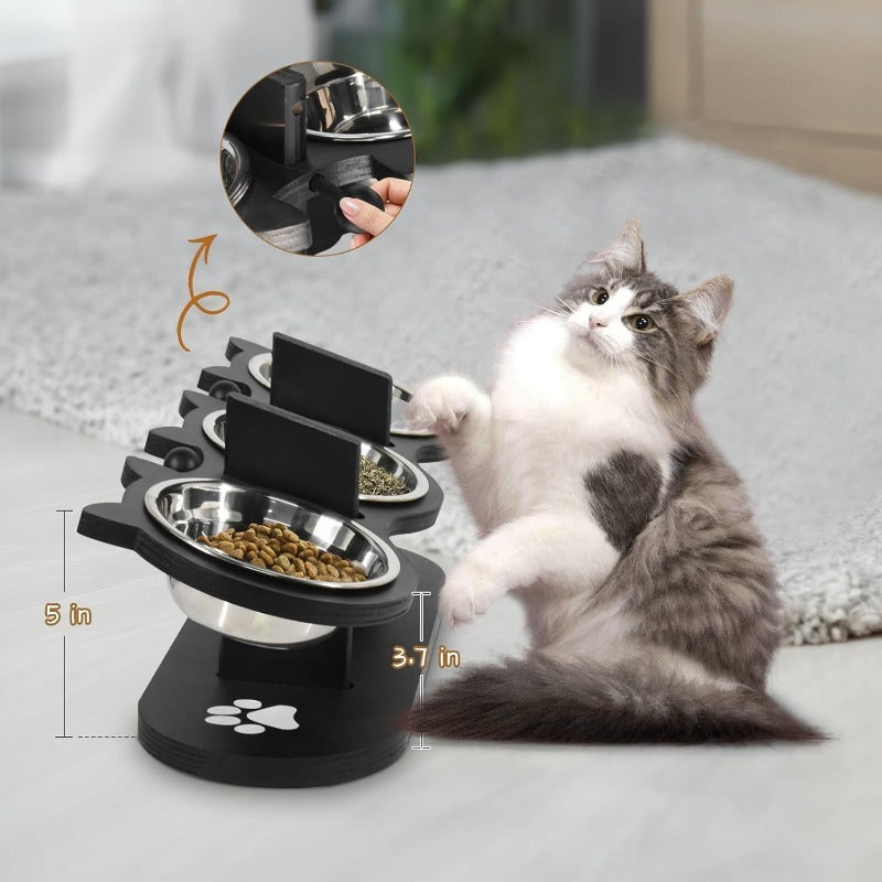 Elevated Cat Bowl Stand with Tilted Stainless Steel Bowls | Adjustable Raised Feeder, Anti-Spill, Black Wood Base for Cats & Small Dogs - product image 8