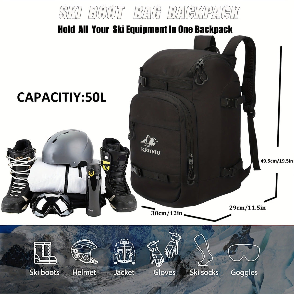 Ski Boot Bag Snowboard Backpack 40-50L Large Capacity Snow Gear Bag for Skiing Helmet Goggles Gloves Snowboard Accessories Winter Sports Equipment Bag Black - product image 9