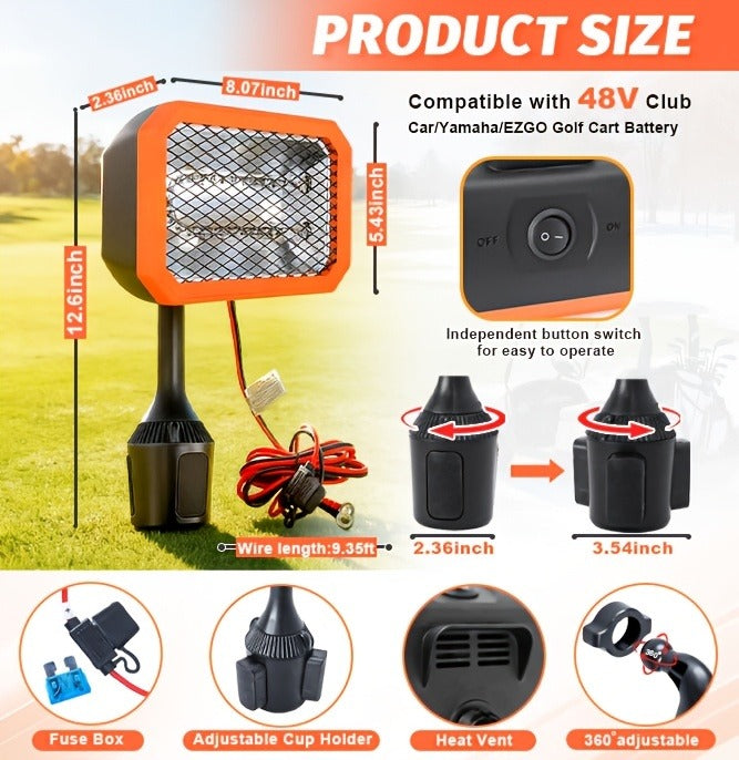 400W Electric Golf Cart Heater Carbon Fiber Fast Heating 360° Adjustable Angle Battery Powered Carry-along Heater with Cup Holder Adapter Compatible with 48V Golf Cart Systems Golf Cart Accessories