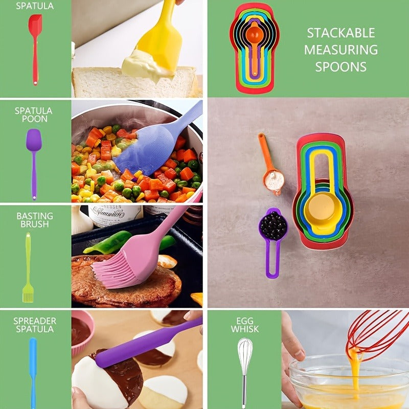 Stainless Steel Mixing Bowls Set with Airtight Lids 7 Piece | Dishwasher Safe Kitchen Bowls for Cooking Baking Camping Travel | Stackable Nesting Bowls with Measuring Spoons Whisk Spatula Tongs Basting Brush
