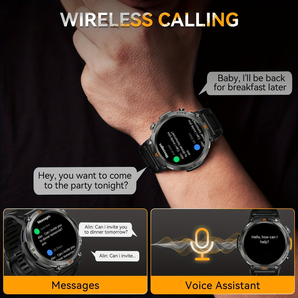 Wireless Calling, HD 1.45" Screen, LED Light, Fitness Tracker, iPhone & Android | EIGIIS KE3 Rugged Smartwatch for Men - product image 8