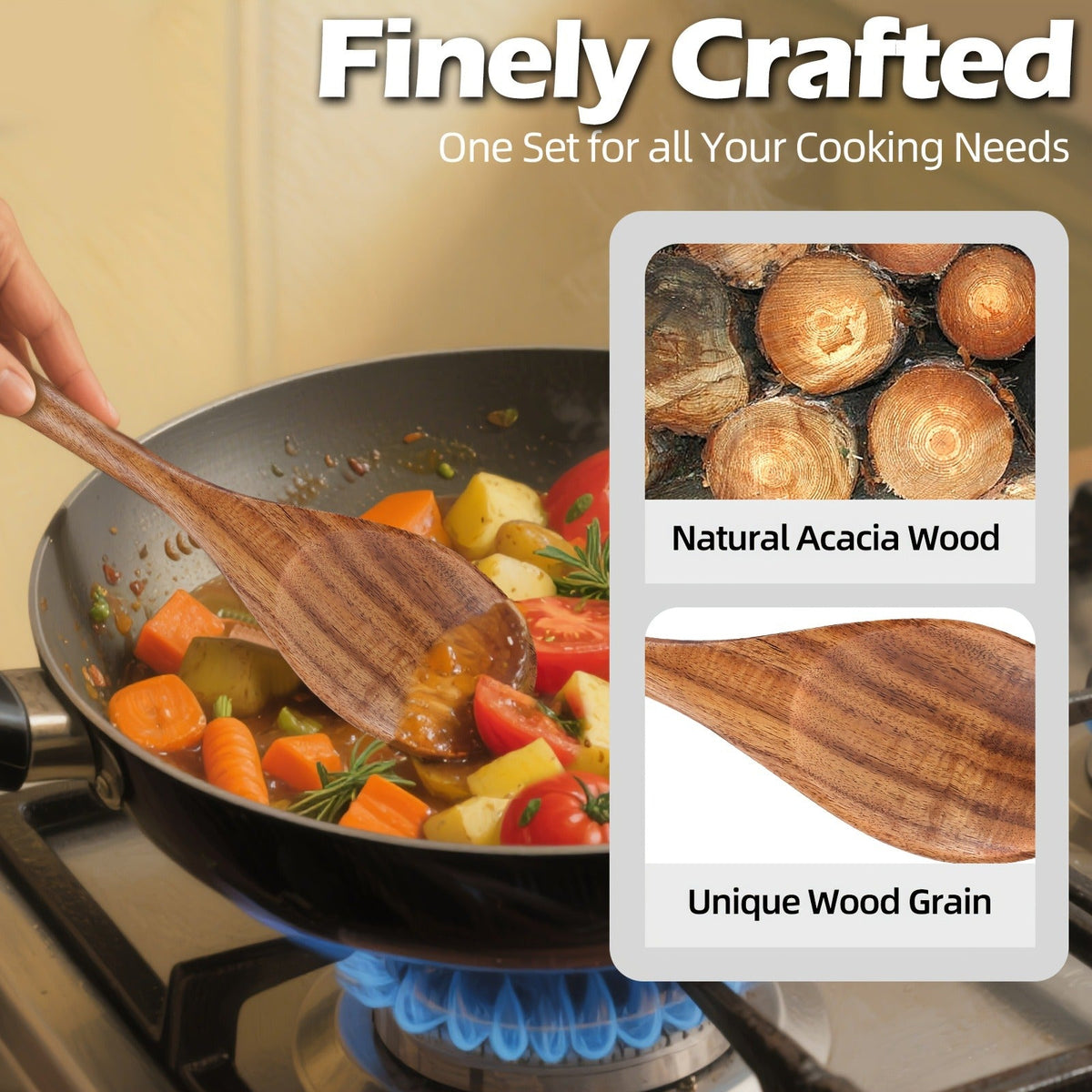 Wooden Cooking Utensils Set 6 Piece – Teak Wood Non-Stick Kitchen Tools with Comfortable Grip – Sturdy, Lightweight & Heat-Resistant Utensils for Indoor & Outdoor Cooking