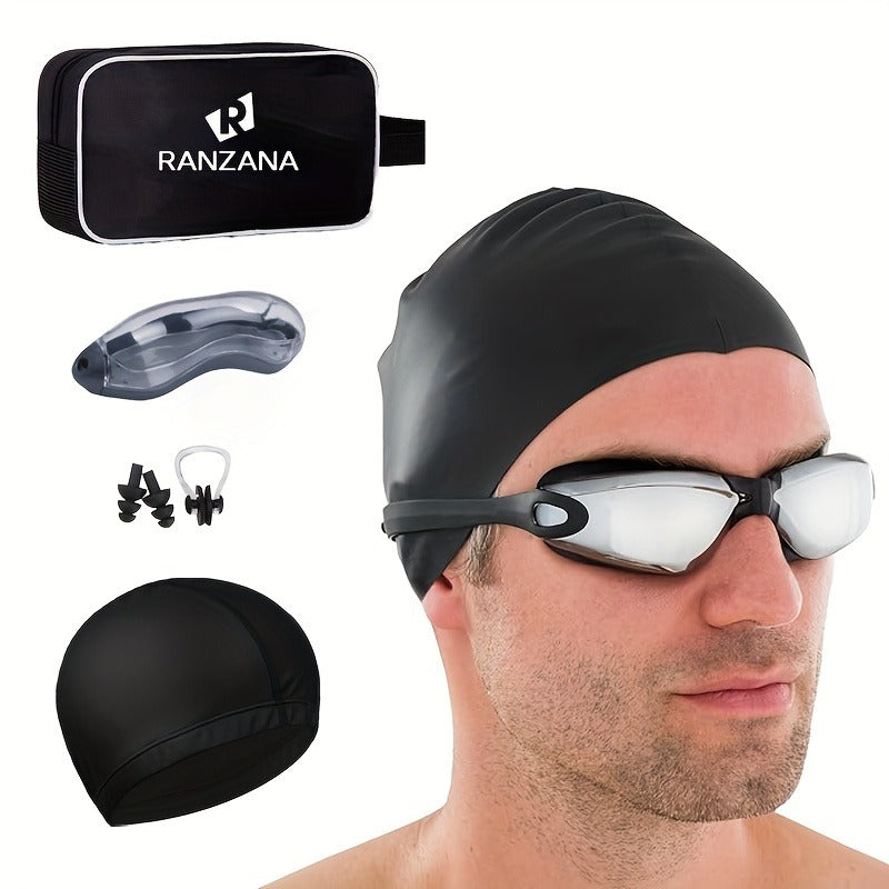 Swimming Goggles 6pcs Set with Cap Nose Clip Earplugs & Storage Bag | UV Protection Anti-Fog Adult Racing Swim Goggles Bundle, Silver-Coated Black Lens - product image 8