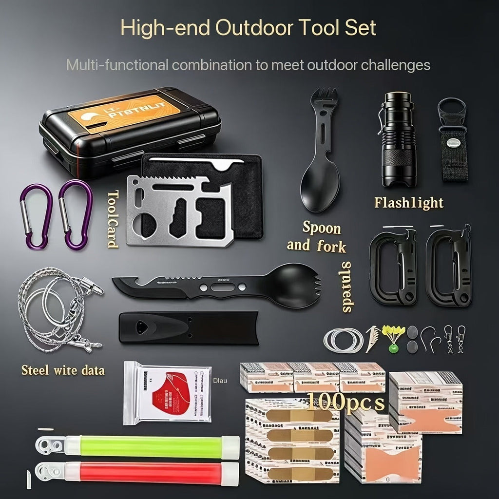 Outdoor Survival Kit 12-115 Piece – Unique Outdoor Gift Idea – Emergency Gear Set for Camping, Hiking & Survival, Multi-Tool Equipment for Men, Dad, Husband