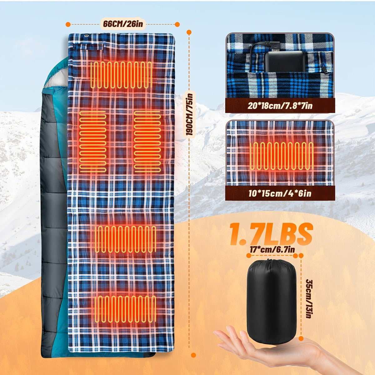 Heated Sleeping Bag Liner with 5 Heating Zones | Blue & Red (Battery Not Included) | Electric Sleeping Bag Mat, 3-Level USB Heat Control for Cold Weather Camping, Backpacking & Hiking