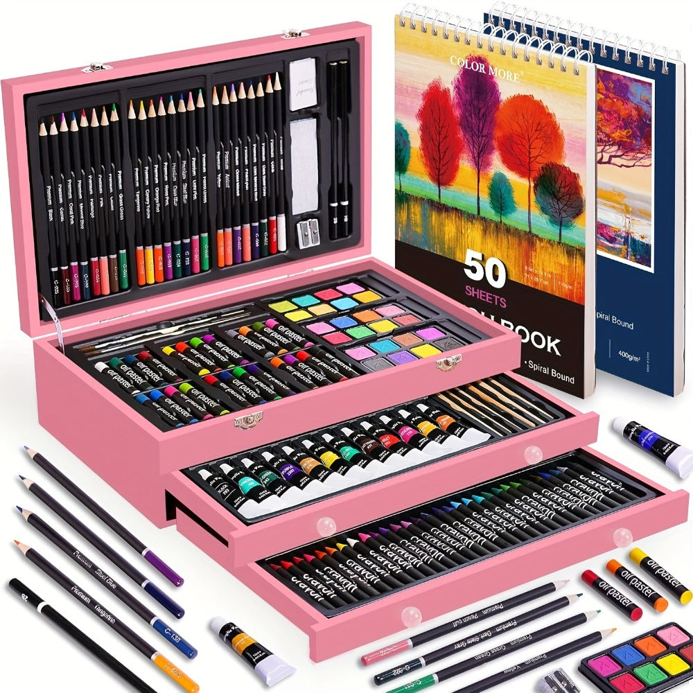 Drawing Pads Crayons Acrylic Paints Colored Pencils Complete Professional Art Kit Gift for Kids Teens Adults Birthday Christmas – 175-Piece Deluxe Art Set in Wooden Case