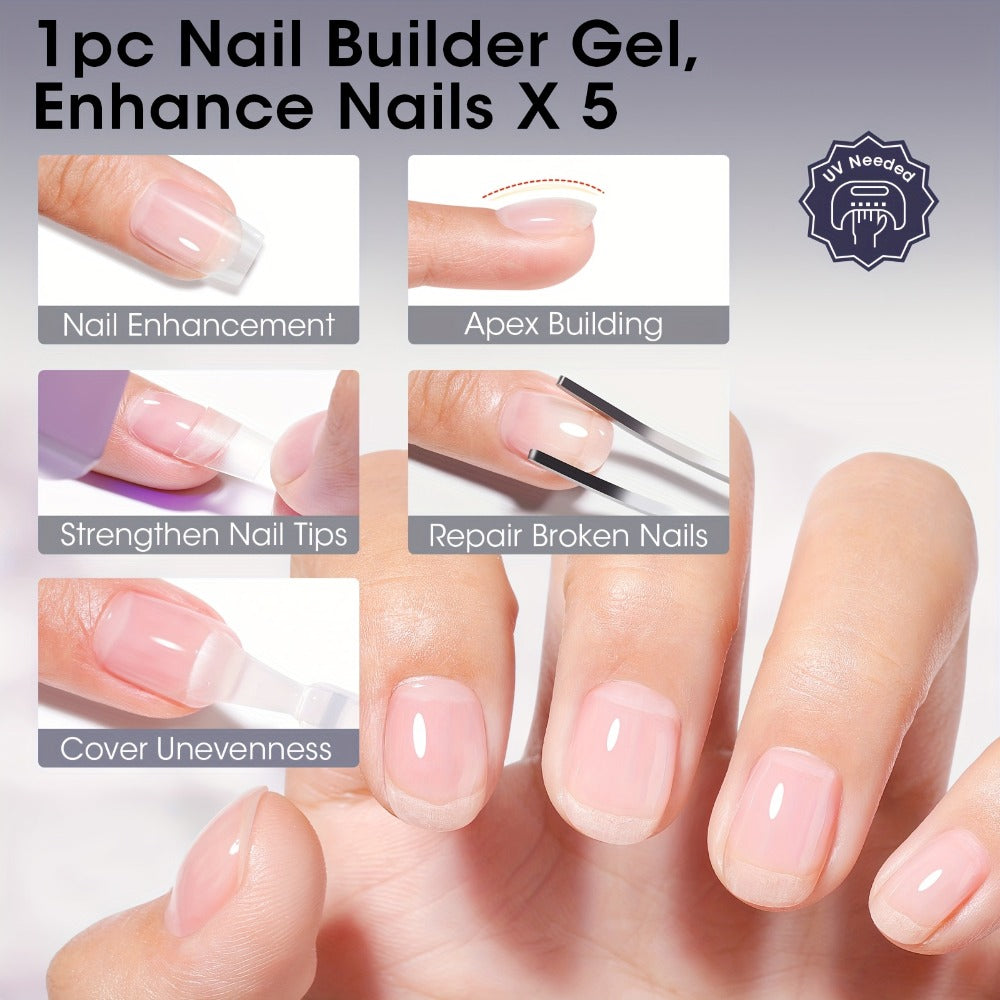 Clear Builder Gel HEMA-Free 5-in-1 2pcs 1.35oz — Nail Extension Strengthener Apex Construction Art Sealing & Repair | Soak-Off UV LED 28+ Days Chip-Proof Wear for Sensitive Skin Sa - product image 6
